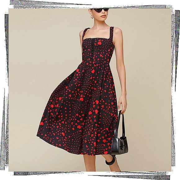 NWT: Black & Red Heart Print Fit & Flare Corset Detail Cotton Midi Dress (4) - Picture 4 of 7